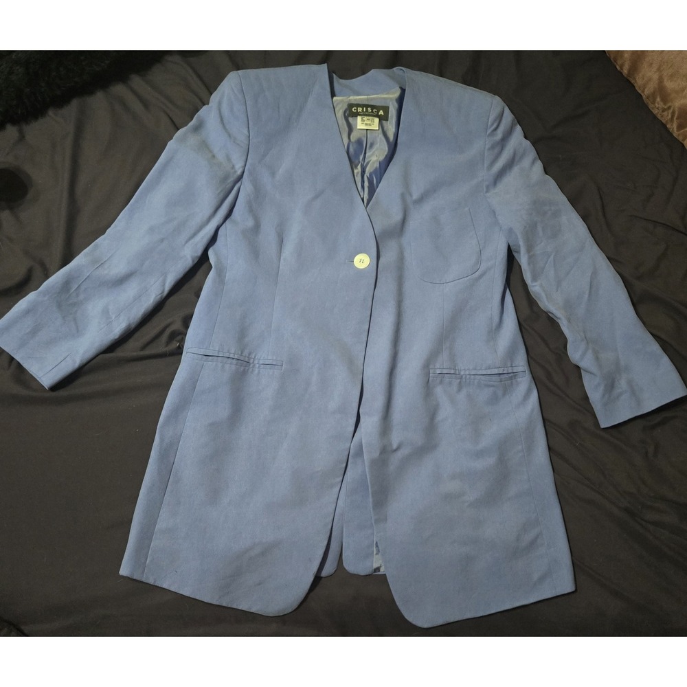 Crisca Women's Blue Blazer Jacket Single Button Longline Size 42 Suede Silk